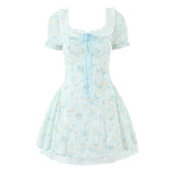 Bonnyshow  Sweet Girl Lace Spliced Embroidery Printed Dress Women Vintage Puff Sleeve V Neck A-line Mini Summer Dresses Holiday Robe