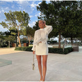 Bonnyshow  Women's Ruffled Long Sleeve Tops Elegant Round Collar Loose Blouse Decorative Layered Shirts Summer Beach Party Street Wear