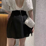 Bonnyshow Black White High Wiast Puffy Short Skirts Women All-Match Y2K Pocket A-Line Skirt Female Korean Work Style Suit Skirt