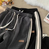 Bonnyshow Fall Striped Corduroy Sweatpants Women Winter Thick High Waist Drawstring Wide Leg Trousers Y2K Korean All-Match Straight Pants