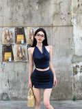 Bonnyshow  Summer Women Office Lady French Elegant Vintage Old Money Striped Suit Old Money Outfits 2 Piece Set Hot Tank Top + Mini Skirt
