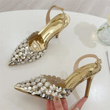 Bonnyshow  Sexy Pointed Toe Women Pumps Elegant Crystal PVC Transparent Thin High Heels Slingback Party Prom Female Shoes