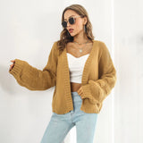 Bonnyshow  Women Autumn Winter Cardigans Sweater Lady Long Lantern Sleeve Knitted Solid Color Loose Cardigans