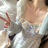 Bonnyshow  Women French Gentle Lace Edges Temperament Floral Slimming Long Suspender Dress + Blue Short Knitted Cardigan Tops Two-piece Set
