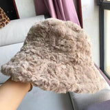 Bonnyshow Faux Fur Bucket Hat for Women Winter Thick Plush Girls Fisherman Cap Korean Solid Color Warm Fluffy Sun Visor Panama Caps