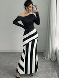 Bonnyshow Women's Maxi Dresses New Autumn Streetwear Fashion Black White Patchwork Casual Slim Dress Elegant Knitted Dresses Clothing