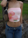 Bonnyshow  Fashion Flower Prints Sweet Women Straps Tops Backless Skinny Exquisite Design Causal Simple Blouses
