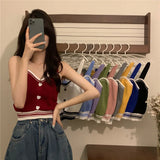 Bonnyshow  Tank Tops Women Summer Fashion  Y2K Cute Korean Knitted Love Button Tight Casual Vest Blue Crop Top Green Camisole Female