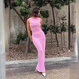 Bonnyshow White Knitted Long Dress Women Sexy See Through Slim Beach Dress Summer Elegant Fashion Sleeveless Holiday Outfits 2024 Pink