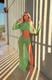 Bonnyshow Hollow Out See Through Mesh 2 Piece Set Women Summer Holiday Beach Outfits Suit Long Sleeve Crop Top + High Split Long Skirt