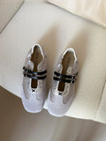 Bonnyshow  Silver Ballet Flats Women's Soft Leather Sport Mary Jane Ribbon Embellished Adult 1 Slip-on Casual Shoes