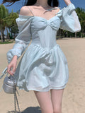 BonnyshowLong Sleeve Dress Female Blue Sweet A-Line Summer High Waist Vintage Slim Fairy Dress Princess Dress Sundress Beachwear Holiday