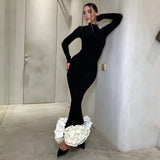 Bonnyshow Autumn Winter Maxi Dress for Women Fashion Flower Slim Evening Party Dresses Black Elegant Long Sleeve Christmas Outfits