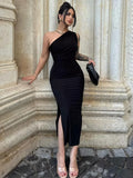 Bonnyshow New Women Summer Sexy Split Black Sleeveless Backless Slim Dress Female Fashion Off Shoulder Club Elegant Party Maxi Dress