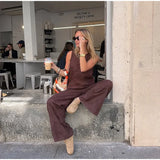 Bonnyshow  Summer Women Casual Vest Set Sleeveless Round Neck Loose Top Brown Jacquard Wide Leg Pant Streetwear Outfit Lady Daily Wear