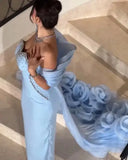 Bonnyshow Eye Catching Sky Blue Beaded Long Evening Dresses With Floral Cape Jacket 2 Pieces Formal Party Dress