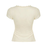 Bonnyshow  Beige Lace Transparent Short Sleeves T-shirt Y2K Aesthetic Fake Buttons Fitted Crop Top Elegant Casual Tee Streetwear