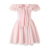 Bonnyshow  Sexy Off Shoulder Elegant Pink Party Mini Dresses For Women Lace Spliced Bow Ball Gown Summer Dress Birthday Robe
