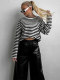 Bonnyshow  - Striped Fashion Loose T-shirt Female Contrast High Street Black And White Patchwork Casual Crop top High Waist Women Tee