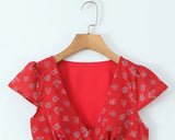 Bonnyshow  Sexy Red Floral Print Ruched Chest Deep V neck Short Sleeve Mini Dress Woman Tie Bow Sashes A-lined Dresses Femme Vestidos