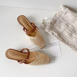 Bonnyshow  Vintage Woven 1 Slip-on Toe Half Slippers Women's New Outwear French Fairy Style Thick Heel Holiday Shoes