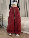 Bonnyshow-Korean Y2K Fashion Drawstring Casual Baggy Cargo Jeans Pants Women Clothing Straight Wide Leg Sweatpants Female Trousers