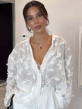 Bonnyshow  White Leaf Embroidery Loose Shirt Women Single Breasted Lapel Long Sleeve Chic Elegant Shirts 2025 Summer Holiday Blouse Tops