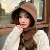 Bonnyshow Wool Knitted Balaclava Hat for Women Winter Warm Hooded Beanie Cap Scarf Y2K Candy Color One Piece Fake Neck Collar Caps