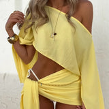 Bonnyshow Yellow Beach Skirt Sets Women Fashion Off The Shoulder Crop Top and Mini Skirt Outfits Summer Sexy Bandage Holiday Two Piece Set