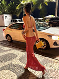 Bonnyshow Hollow Out Knit Halter Backless Maxi Dress Crochet Beach Vacation Dresses For Women 2024 Summer Women's Outfits