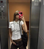 Bonnyshow  Sweet Girl Plaid Shirt Blouse Short Sleeve Lapel Collar Slim Lady Summer Tops