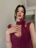 Bonnyshow  Korean Summer New Style Sexy T-Shirts Slim Coquette V-Neck Tees Purple Crop Top Three-Dimensional Flower Aesthetic High Street