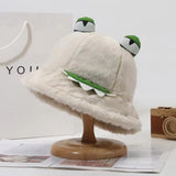 Bonnyshow Cute Frog Fisherman Hat for Women Winter Fluffy Fur Bucket Hats Funny Cartoon Warm Thicken Female Girls Plush Hats