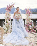 Bonnyshow Dreamlike Light Blue Bloom Wedding Dresses With Delicate Handmade Flower Ruffles Long Colored Bridal Dress Lace Up Back