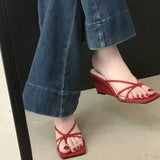 Bonnyshow  Summer Women Narrow Band Slippers Concise Open Toe Slide Ladies Wedges Heel Dress Sandalias