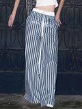 Bonnyshow  Y2k Letter Print Striped Wide Leg Pants Streetwear Baggy Trousers Women Drawstring Pocket Casual Pants Summer Clothing