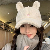 Bonnyshow Lamb Fleece Baseball Cap for Women Kawaii Cartoon Plush Peaked Cap  Y2K Korean Winter Warm Cute Ears Girls Sun Hats