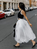Bonnyshow  Black Mesh See Through A-line Skirt Women Streetwear Fashion Elastic Waist Maxi Skirts Summer Simple Casual Sexy Long Skirt New