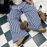 Bonnyshow  Y2k Letter Print Striped Wide Leg Pants Streetwear Baggy Trousers Women Drawstring Pocket Casual Pants Summer Clothing