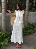 Bonnyshow  Two Piece Sets Women See Through Outifits Casual Sleeveless Print Tank Top High Waist Dress Set White Women Vacation Suit