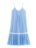 Bonnyshow  Chic Blue Patchwork A-line Long Dress Elegant Sleeveless Off Shoulder Loose Dresses For Women 2025 Summer Vacation Beach Gowns