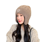 Bonnyshow Winter Knit Wool Ear Protection Hats for Women Warm Thicken Plush Lining Beanie Cap with Earflap Outdoor Female Earmuff Hats