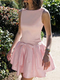 Bonnyshow  Elegant Sleeveless Bow Pleated Mini Dress For Women Spring 2025 Featuring Hip Hugging Slim Fit Backless Party Vestidos