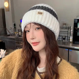 Bonnyshow Korean Striped Beanie Cap for Women Winter Warm  Wool Knitted Hat Outdoor Windproof Female Ear Protection Caps Bonnet