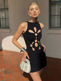 Bonnyshow  Fashion Solid Hollow Out Mini Dress for Women O-neck Sleeveless Wrap Hip Female Slim Dresses Summer New Party Lady Robes