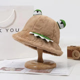 Bonnyshow Cute Frog Fisherman Hat for Women Winter Fluffy Fur Bucket Hats Funny Cartoon Warm Thicken Female Girls Plush Hats