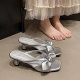 Bonnyshow  French Style Bow Square Head Women's Wedge Slippers Summer New 1 Slip-on Fashionable Casual Slide Slippers