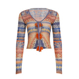 Bonnyshow  All-print Mesh Cropped Top Autumn Vintage Applique Tie-up V-neck T-shirt Long Sleeve Boho Aesthetic Streetwear Sexy
