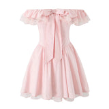 Bonnyshow  Sexy Off Shoulder Elegant Pink Party Mini Dresses For Women Lace Spliced Bow Ball Gown Summer Dress Birthday Robe