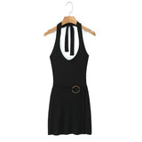 Bonnyshow  3 COLORS Sexy Knitting Tie Bow Halter Collar Dress Women Lacing Up Bow Belt Skinny Package Hips Short Knit Dresses Tank Robe